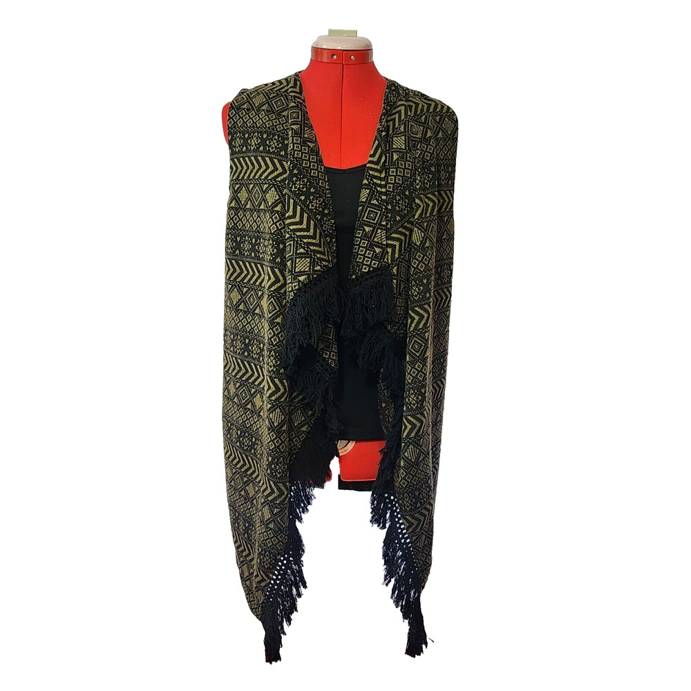 CHARMING CHARLIE Black Green Women Fringed Long Sleeveless Sweater Vest Size S